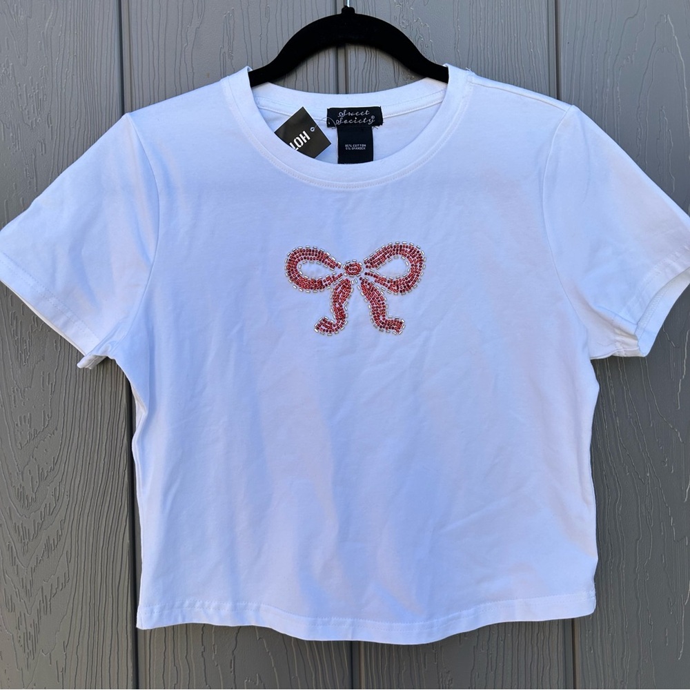 Hot Topic Secret Society Cropped Beaded Bow Tie T shirt Size Small Coquette - Picture 7 of 7